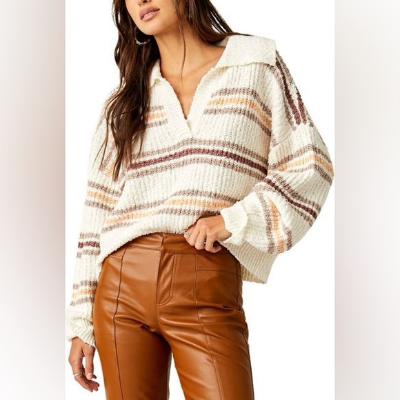Free People Cotton Blend Cream Kennedy Stripe Collared Cropped Sweater size S - Picture 5 of 11